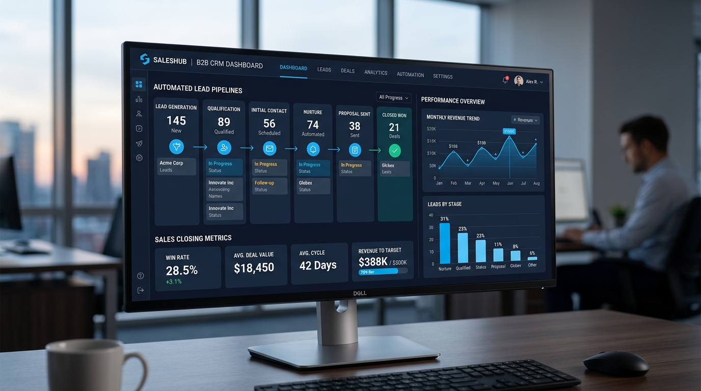 Dashboard de CRM mostrando seguimiento automatizado de leads y cierre de ventas B2B