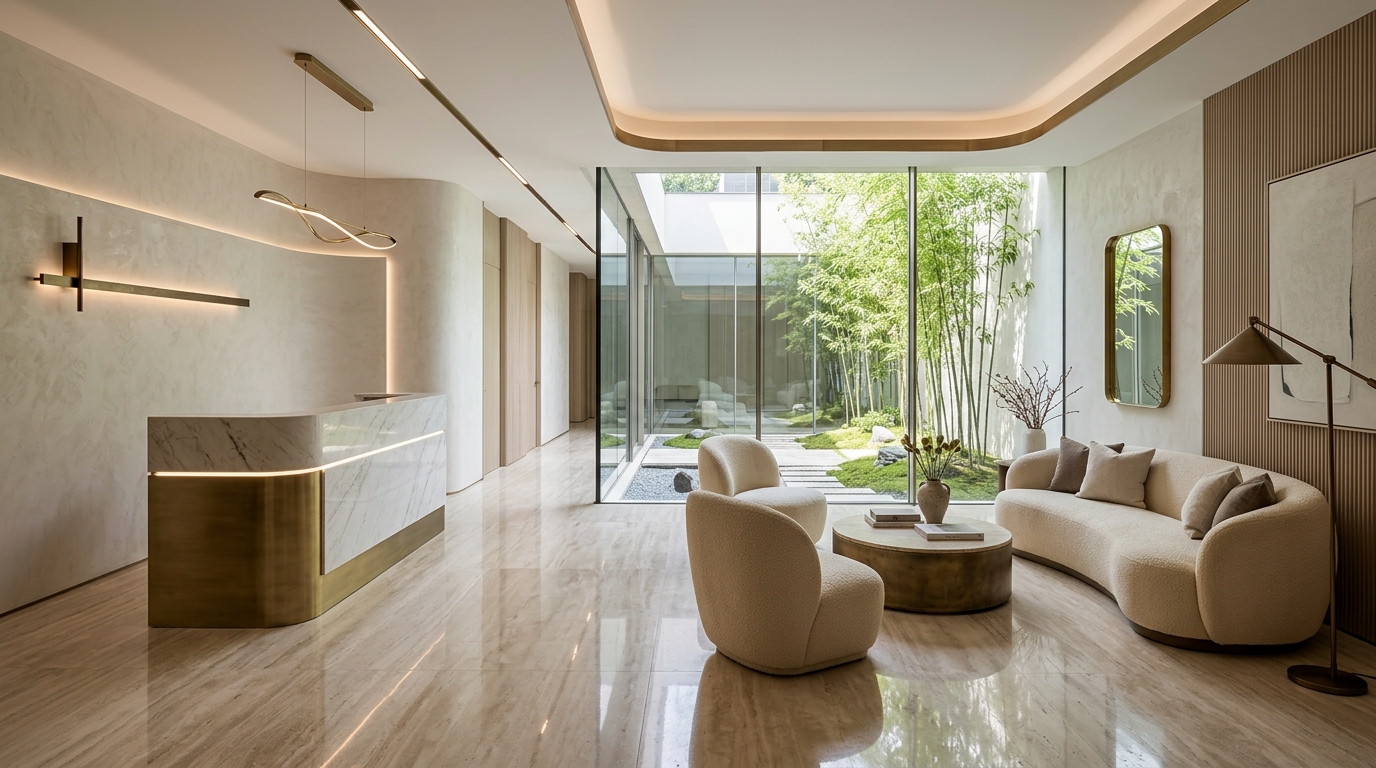 Lounge VIP privado con jardín japonés en clínica dental boutique
